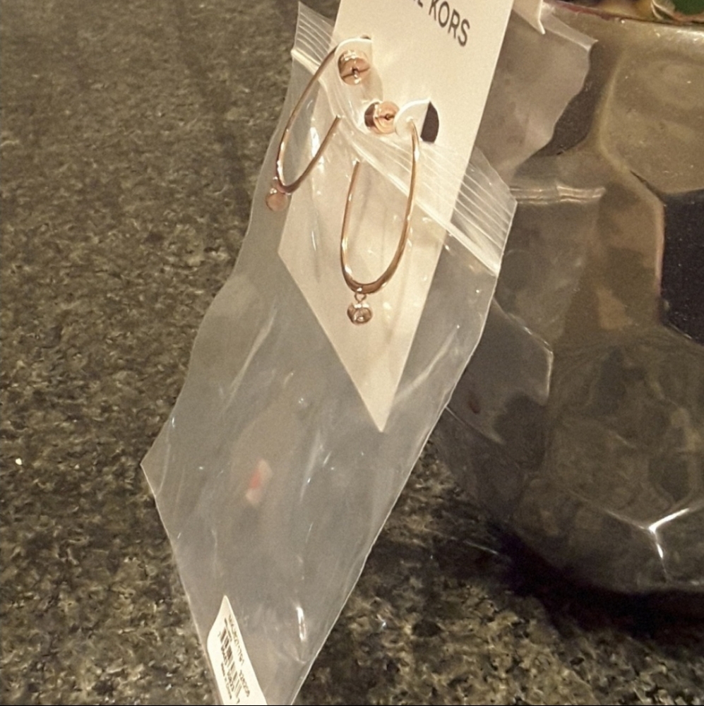 Michael Kors Earrings Stud Open Hoop Drop RoseGold Tone Clear Crystal Accent NWT - Picture 3 of 5